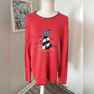 Vintage‎ Sag Harbor Lighthouse Nautical Knit Sweater Red Coastal Grandma